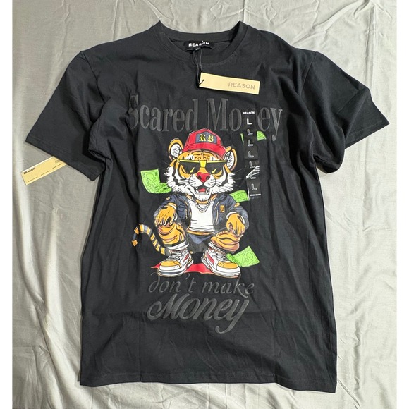 Reason Other - Reason Scared Money Dont Make Money Tiger Graphic T-Shirt Mens‎ Large Black Nwt